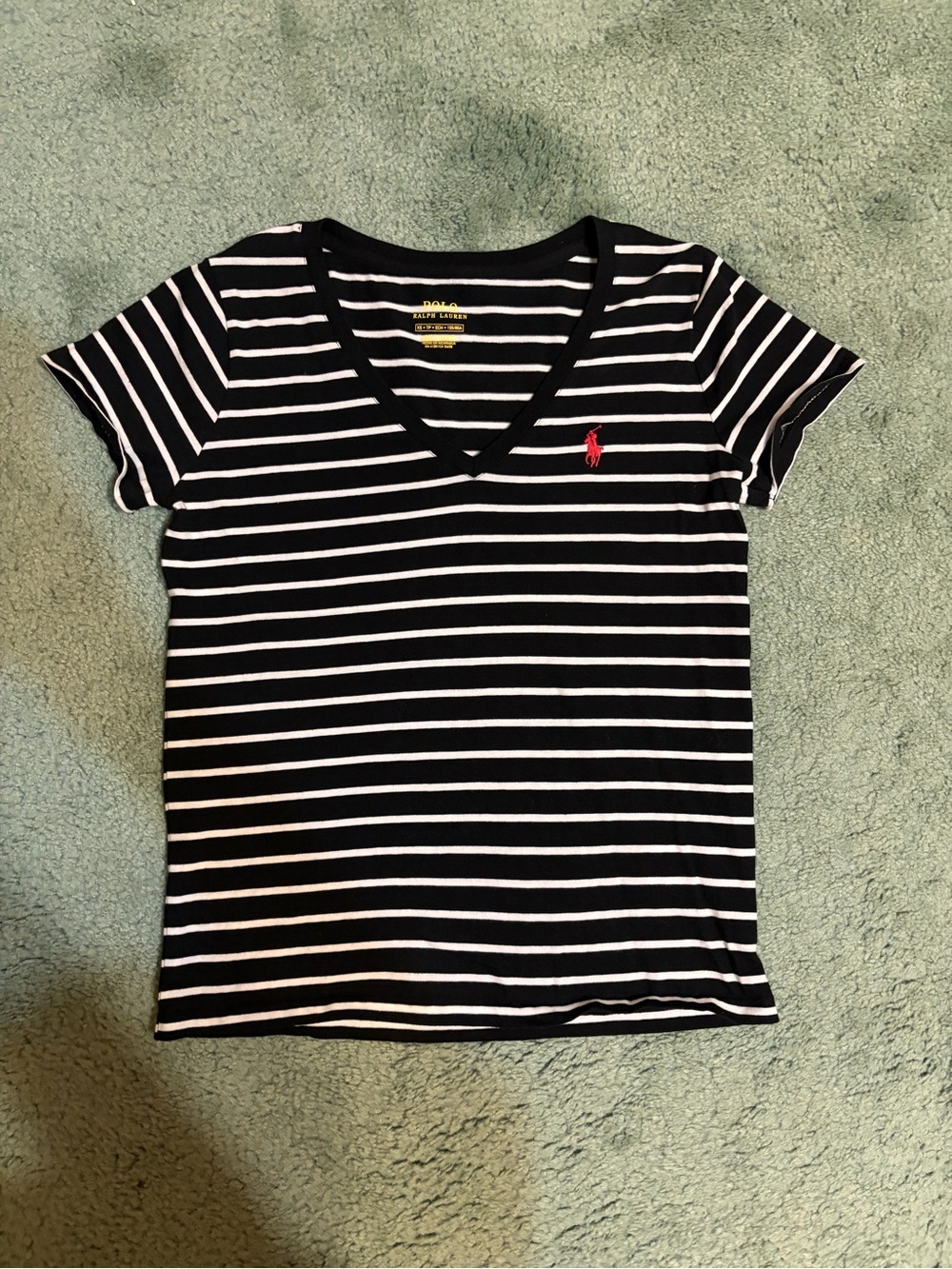 Polo by Ralph Lauren Black & White Striped V-Neck Tee